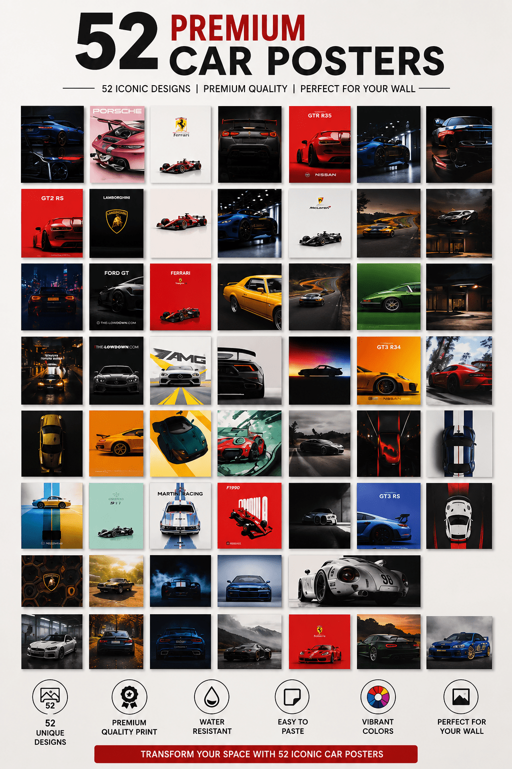 Set of 52 sports car posters (4x6 INCH) sticky photo tiles - TRENDING WALL DECOR