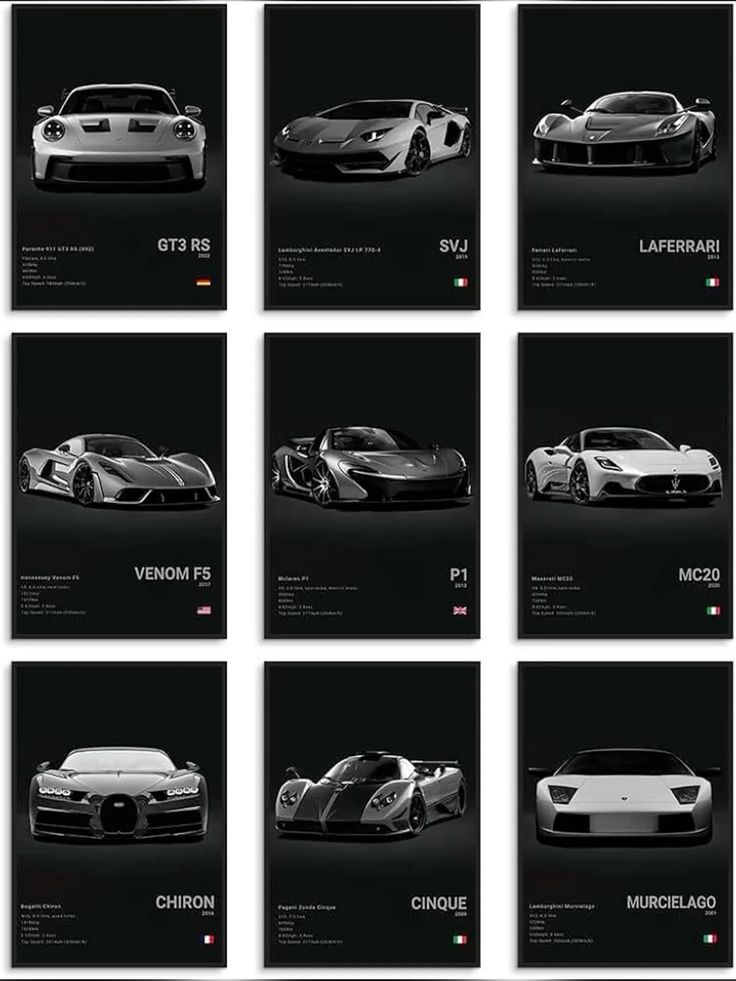 Set of 9 Sports Cars Wooden Canvas Frames (8×11 Inc]h) - TRENDING WALL DECOR